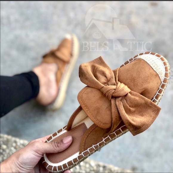 Shoes - VEGAN SUEDE BOW ESPADRILLE MULE FLATS